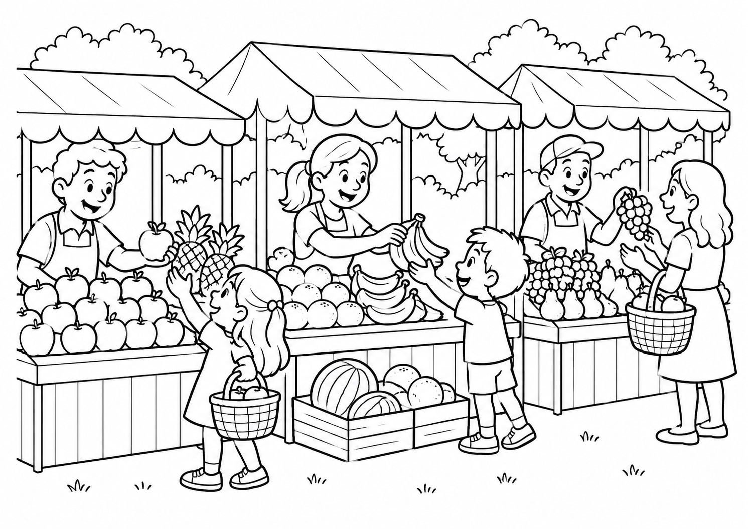Feira de frutas com compradores, desenho para colorir em A4 paisagem