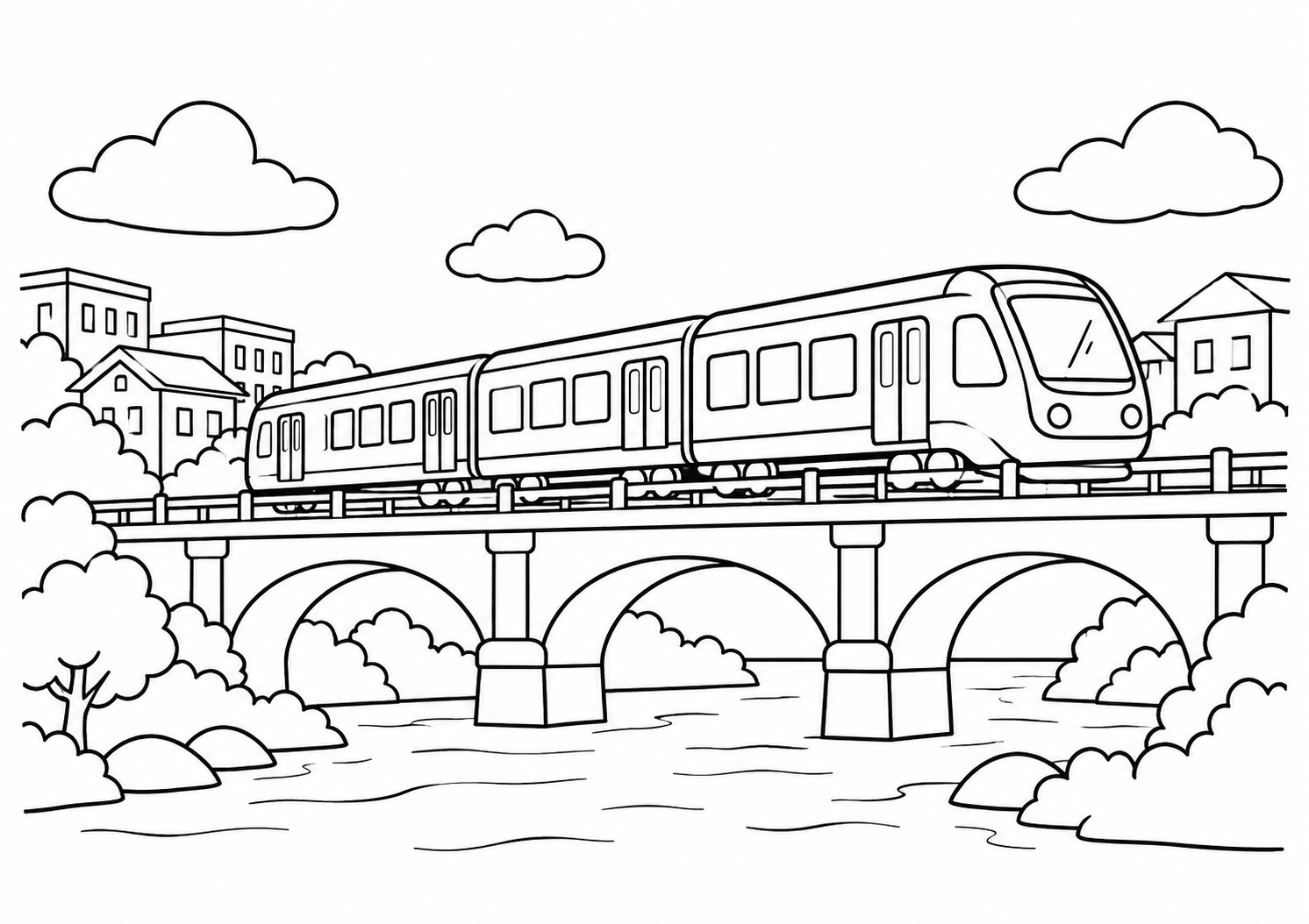 Trem urbano passando sobre uma ponte com prédios baixos, desenho para colorir em A4 paisagem