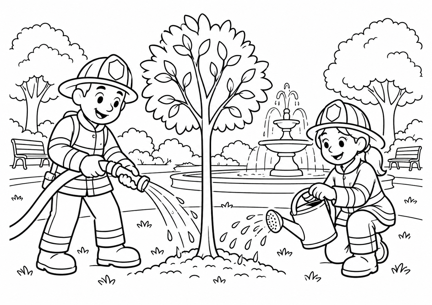 Bombeiros regando uma árvore numa praça com fonte, desenho para colorir em A4 paisagem