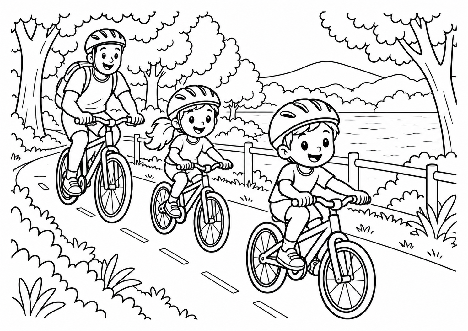 Ciclistas passeando numa ciclovia arborizada, desenho para colorir em A4 paisagem