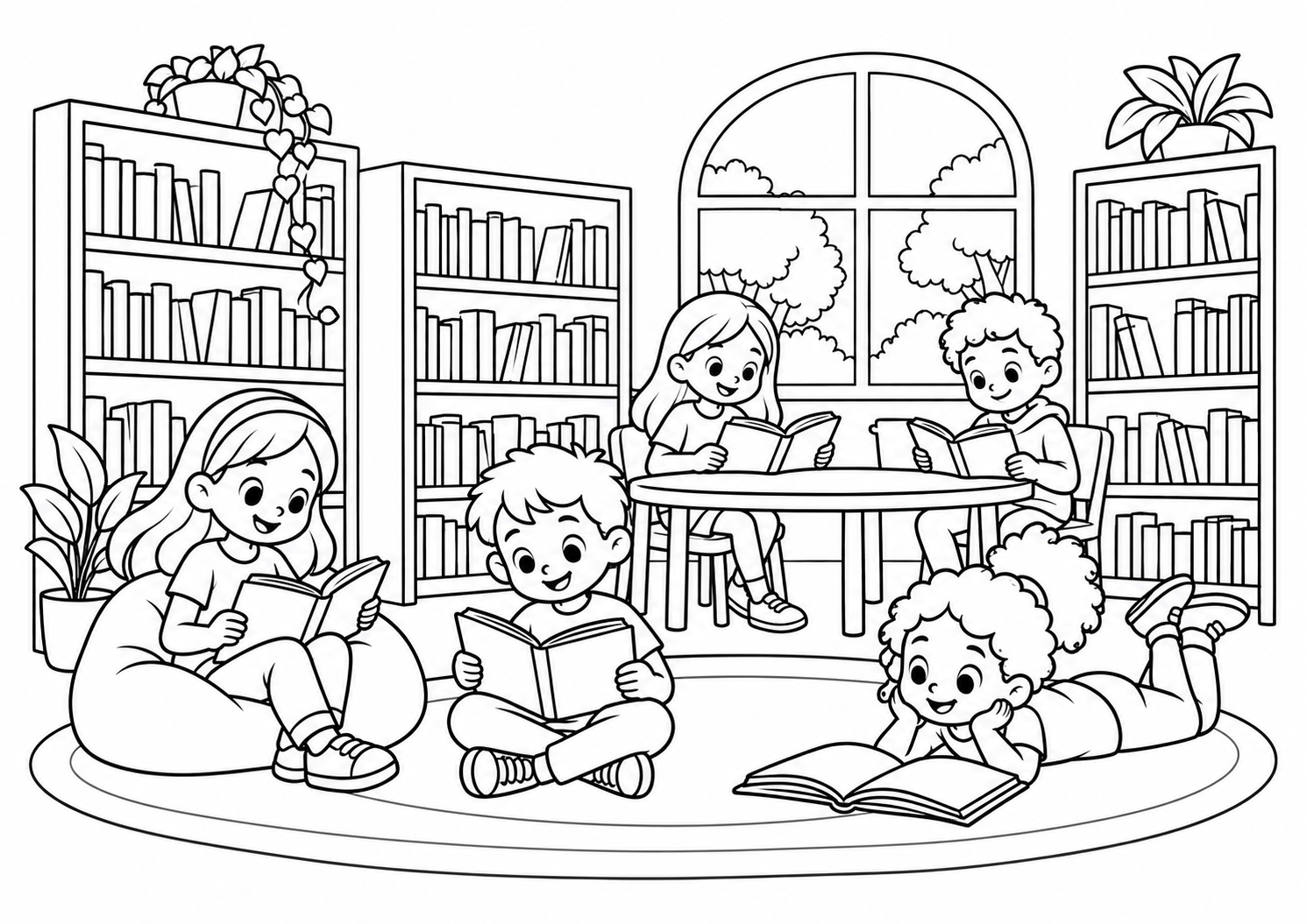 Biblioteca de bairro com estantes e crianças lendo, desenho para colorir em A4 paisagem