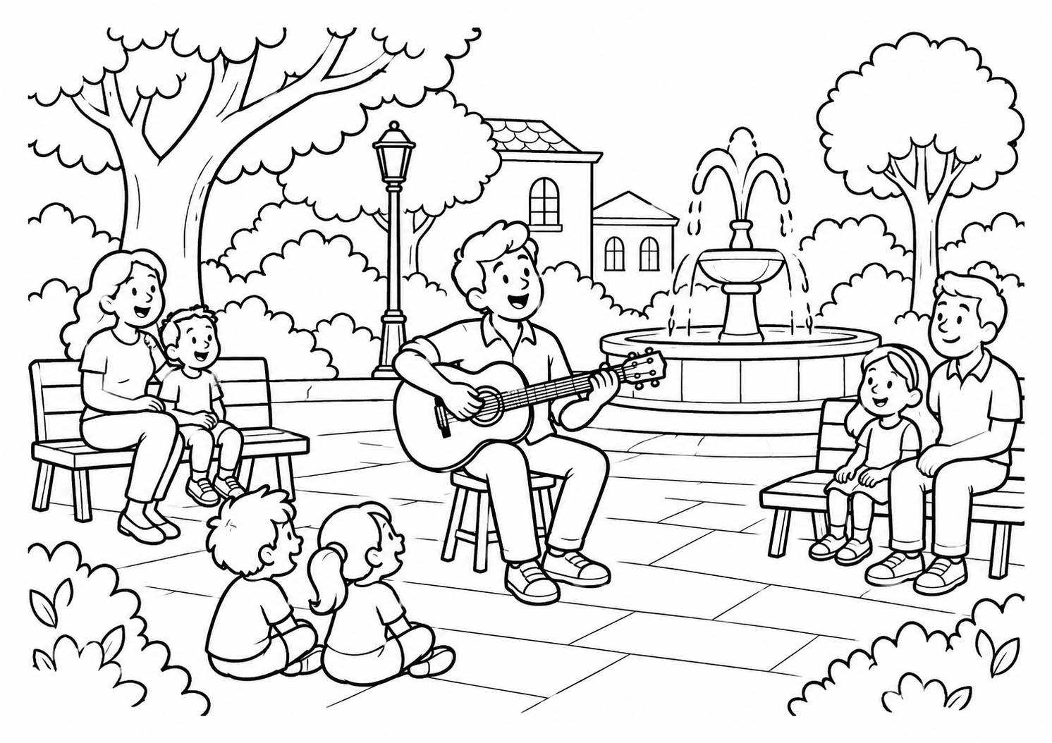 Praça com músico tocando violão e famílias sentadas, desenho para colorir em A4 paisagem