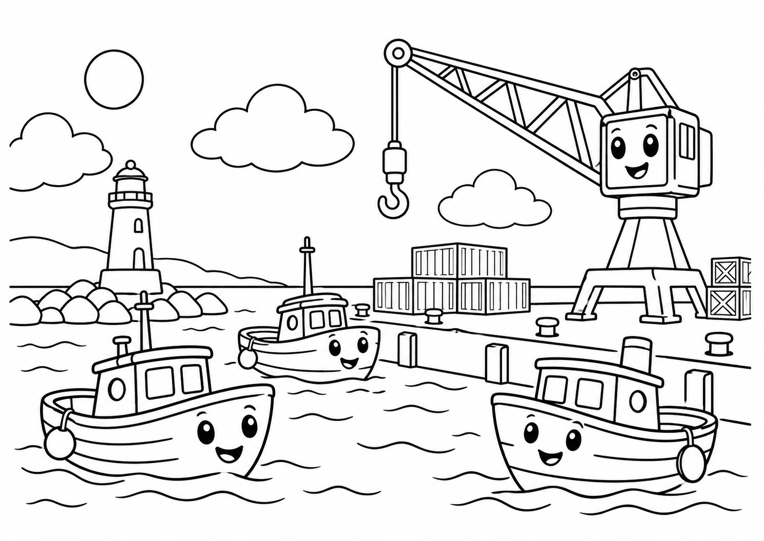 Porto com barquinhos e guindaste simpático ao fundo, desenho para colorir em A4 paisagem