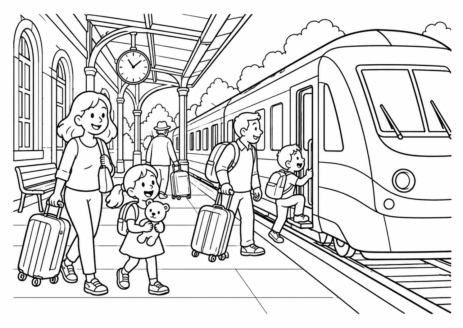 Estação de trem com passageiros e malas sem inscrições, desenho para colorir em A4 paisagem