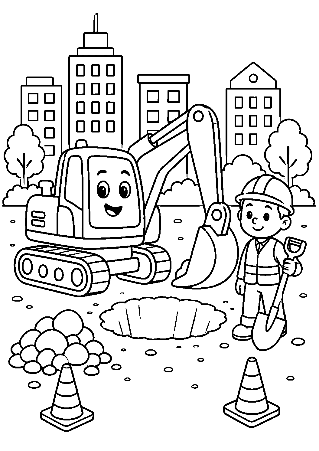 Escavadeira e trabalhador com pá na construção, desenho para colorir em A4 retrato