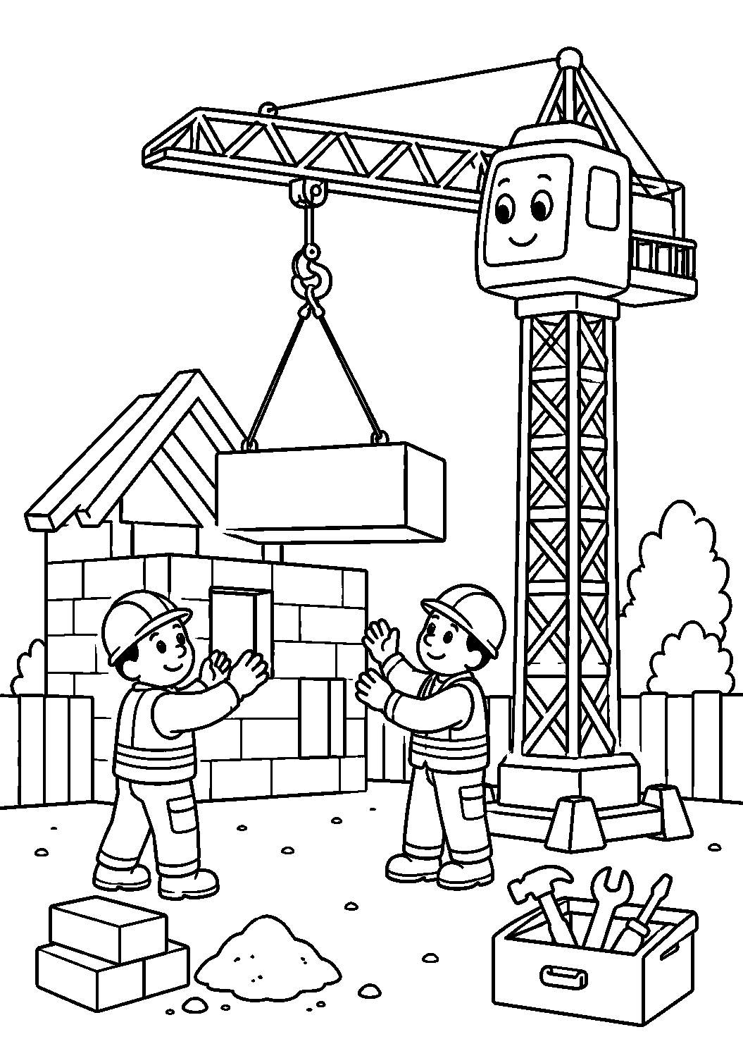 Guindaste e trabalhadores construindo uma casa, desenho para colorir em A4 retrato