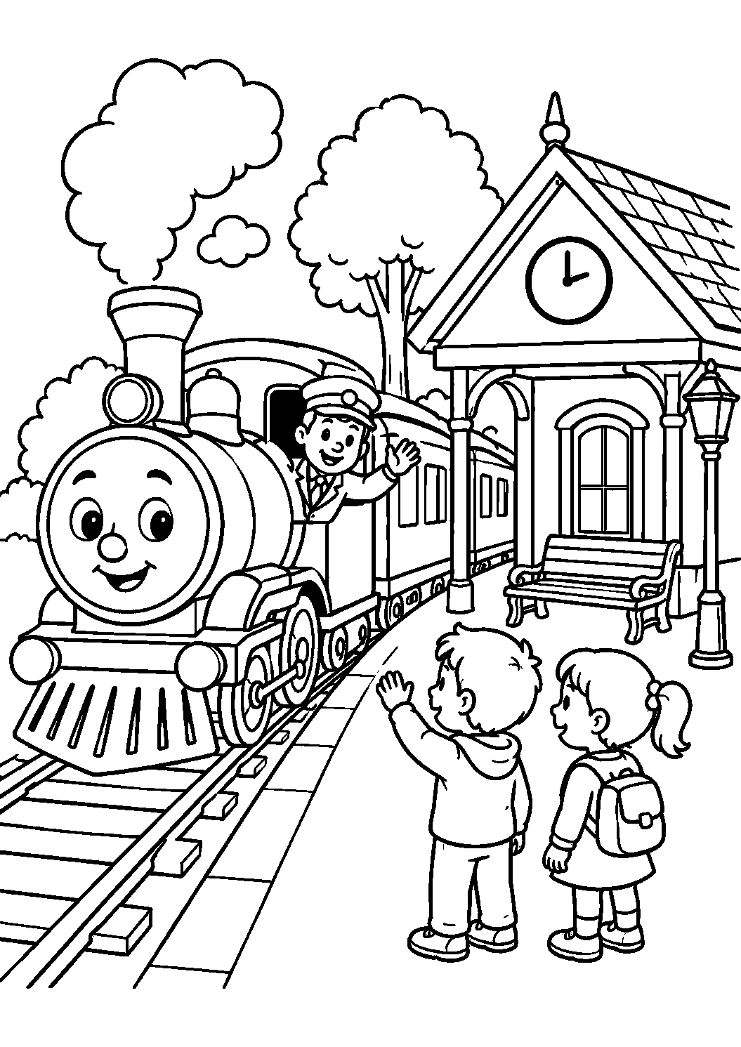 Trem a vapor na estação com crianças, desenho para colorir em A4 retrato