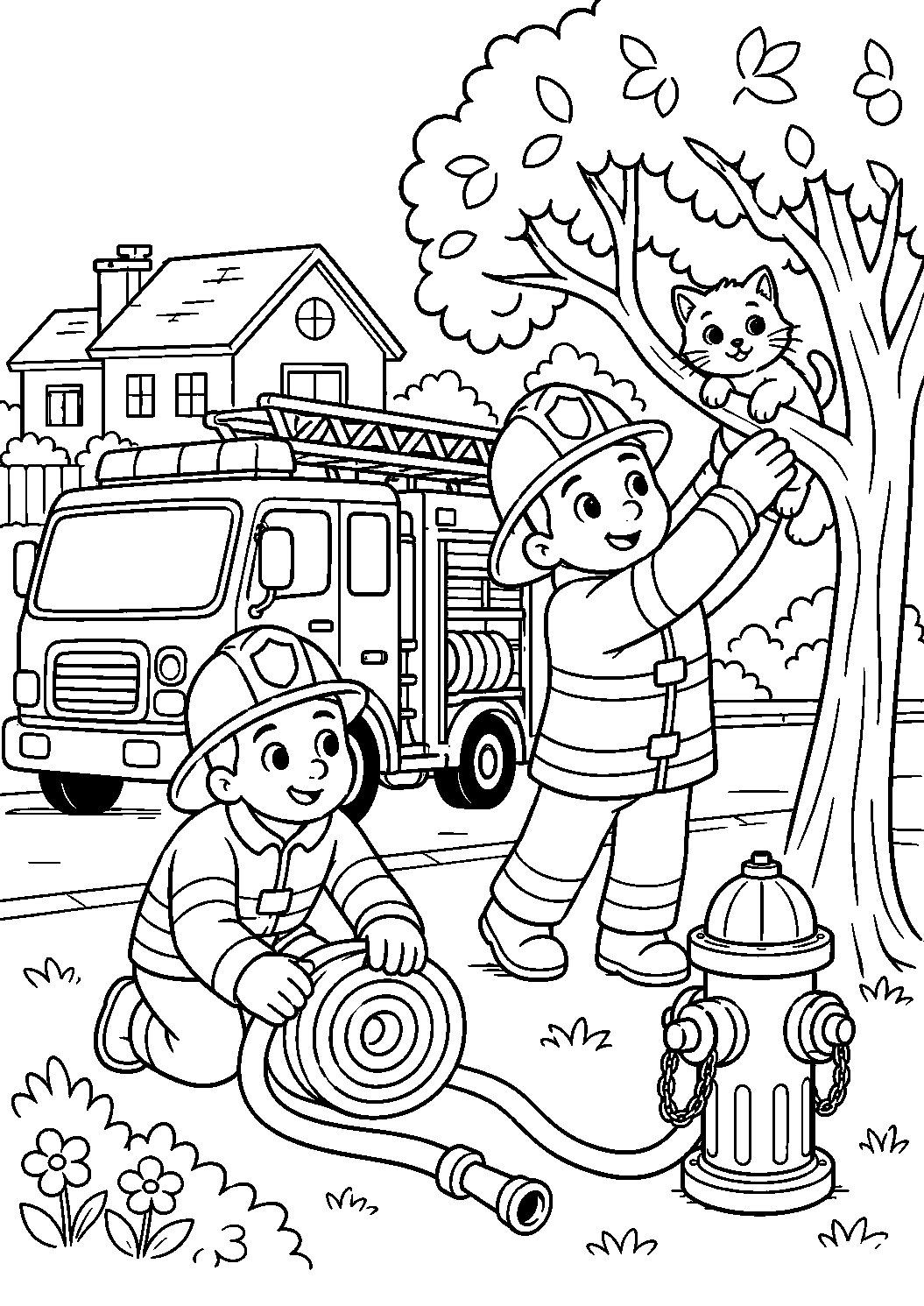 Bombeiros ajudando um gatinho na árvore, desenho para colorir em A4 retrato