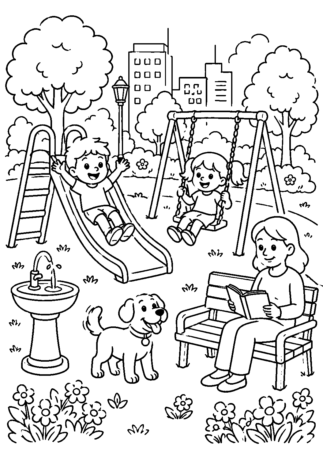 Crianças no escorregador e no balanço do parque, desenho para colorir em A4 retrato