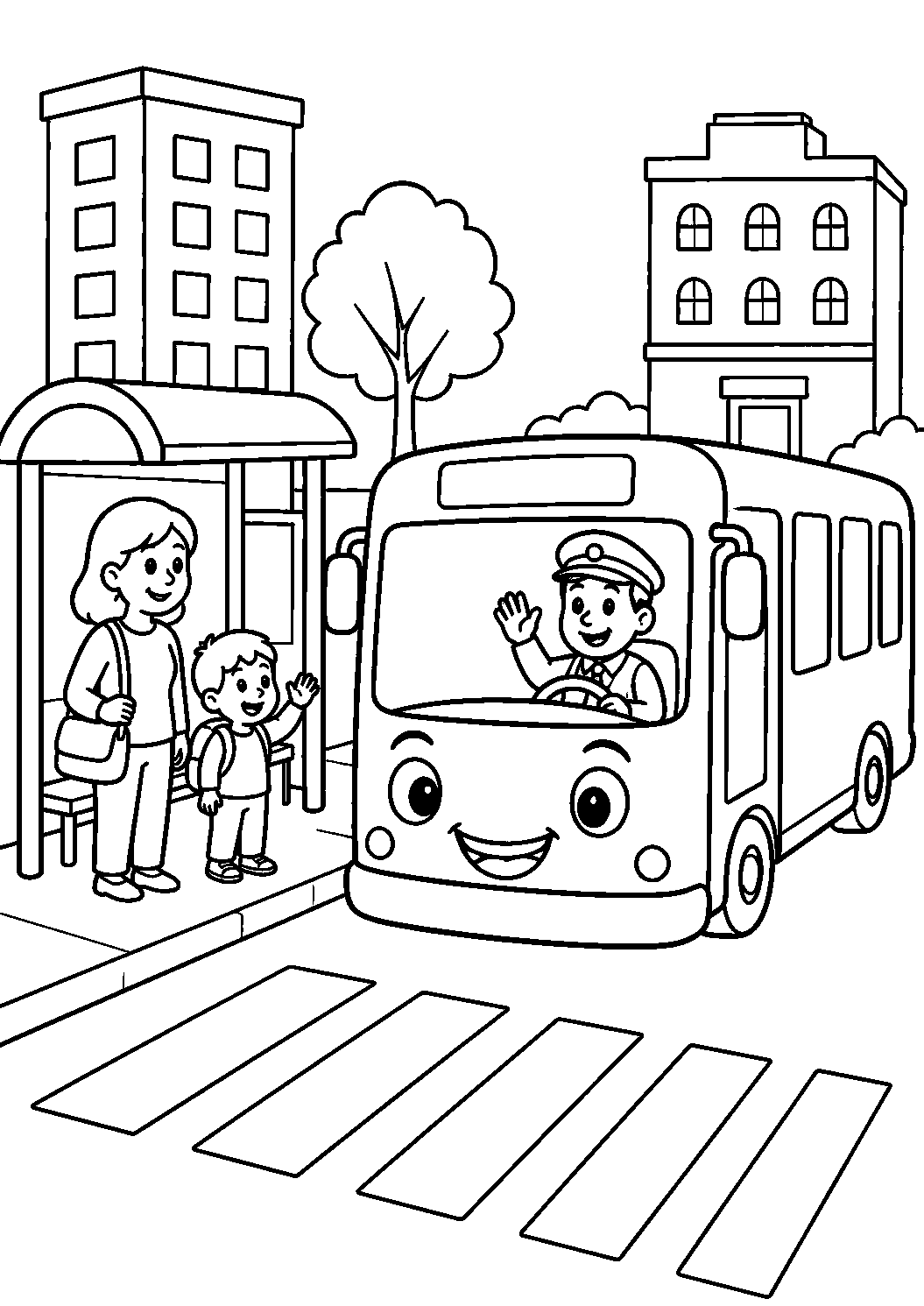 Ônibus com motorista e passageiros no ponto, desenho para colorir em A4 retrato