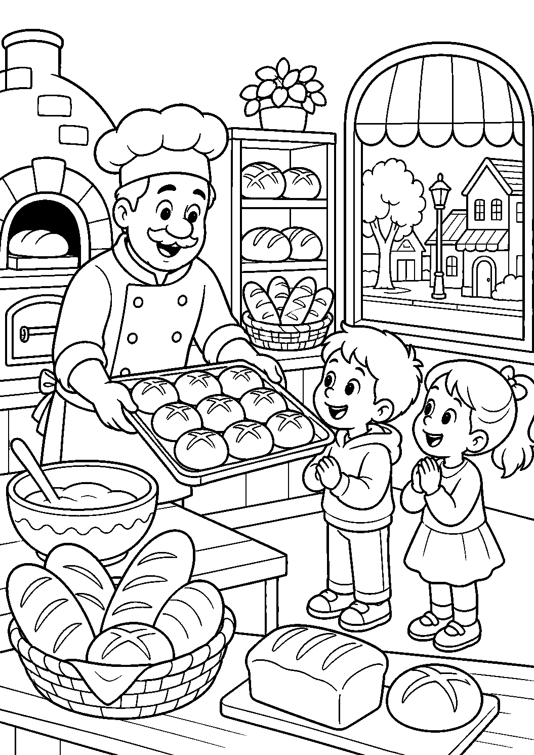 Padeiro mostrando pães às crianças na padaria, desenho para colorir em A4 retrato
