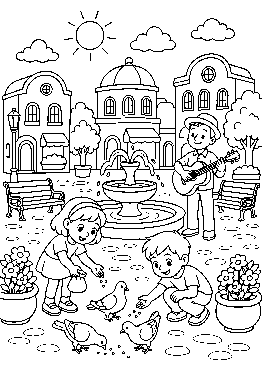 Crianças alimentando pombos na praça com fonte, desenho para colorir em A4 retrato