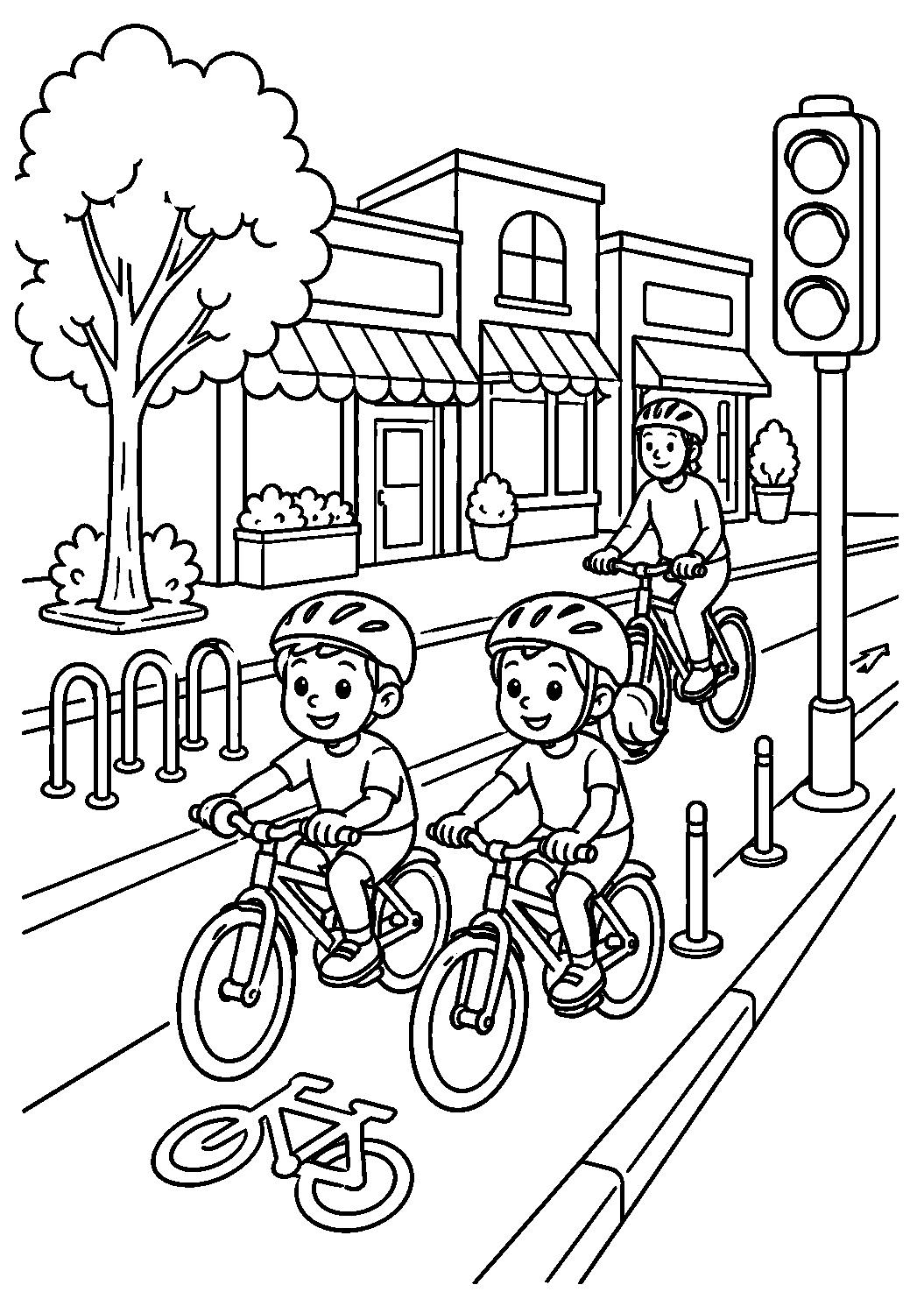 Crianças de bicicleta na ciclovia da cidade, desenho para colorir em A4 retrato