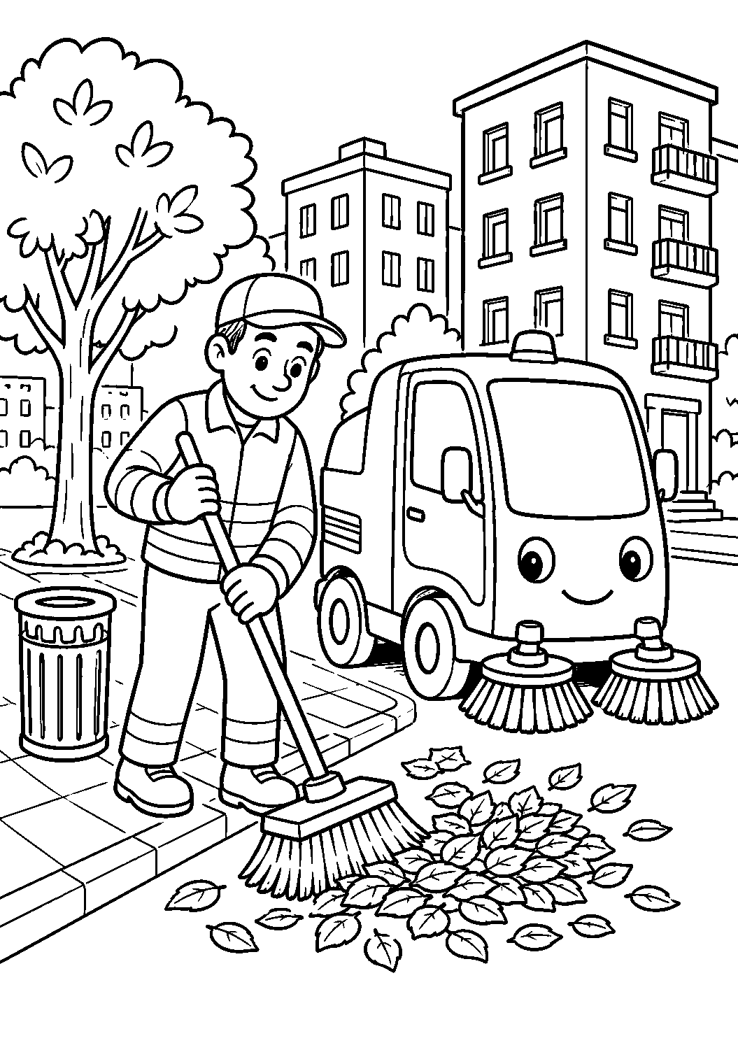 Gari varrendo folhas com veículo de limpeza, desenho para colorir em A4 retrato