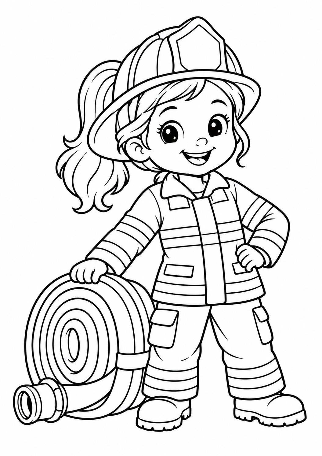 Bombeirinha criança junto a uma mangueira enrolada e capacete, desenho para colorir em A4 retrato