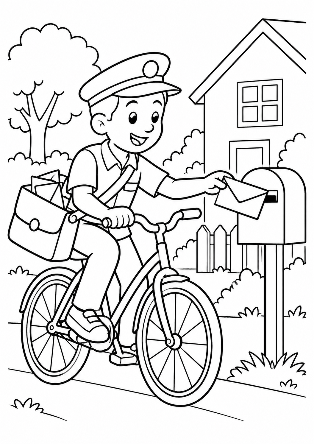 Carteiro de bicicleta entregando uma carta, desenho para colorir em A4 retrato