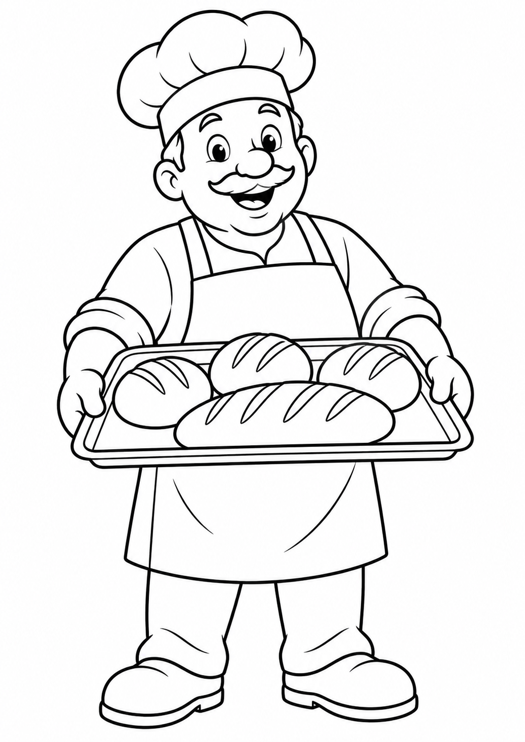 Padeiro sorridente segurando uma bandeja de pães, desenho para colorir em A4 retrato