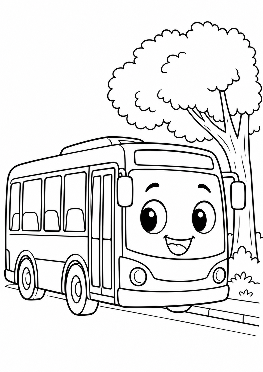 Ônibus urbano simpático estacionado perto de uma árvore, desenho para colorir em A4 retrato