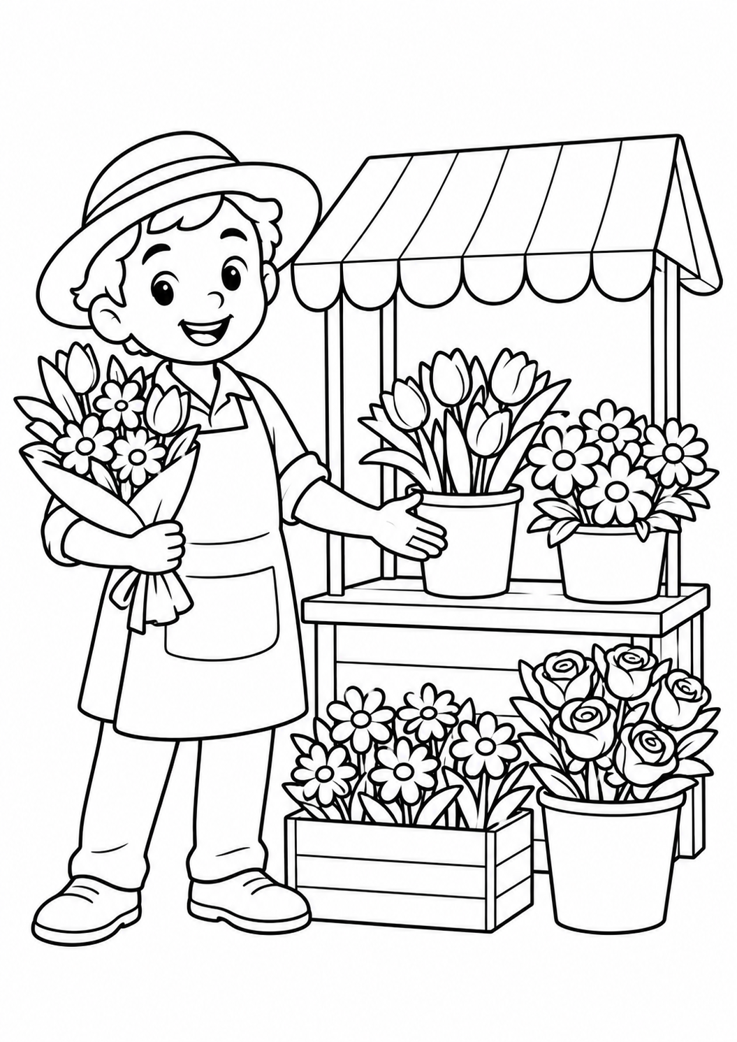 Vendedor de flores ao lado de uma banca pequena, desenho para colorir em A4 retrato