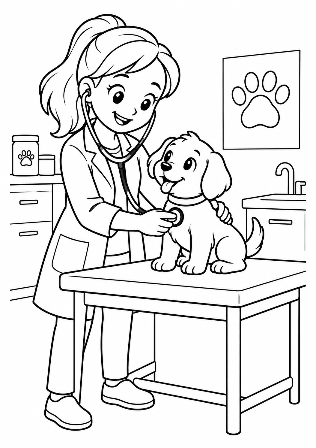 Veterinária cuidando de um cachorrinho numa mesa, desenho para colorir em A4 retrato