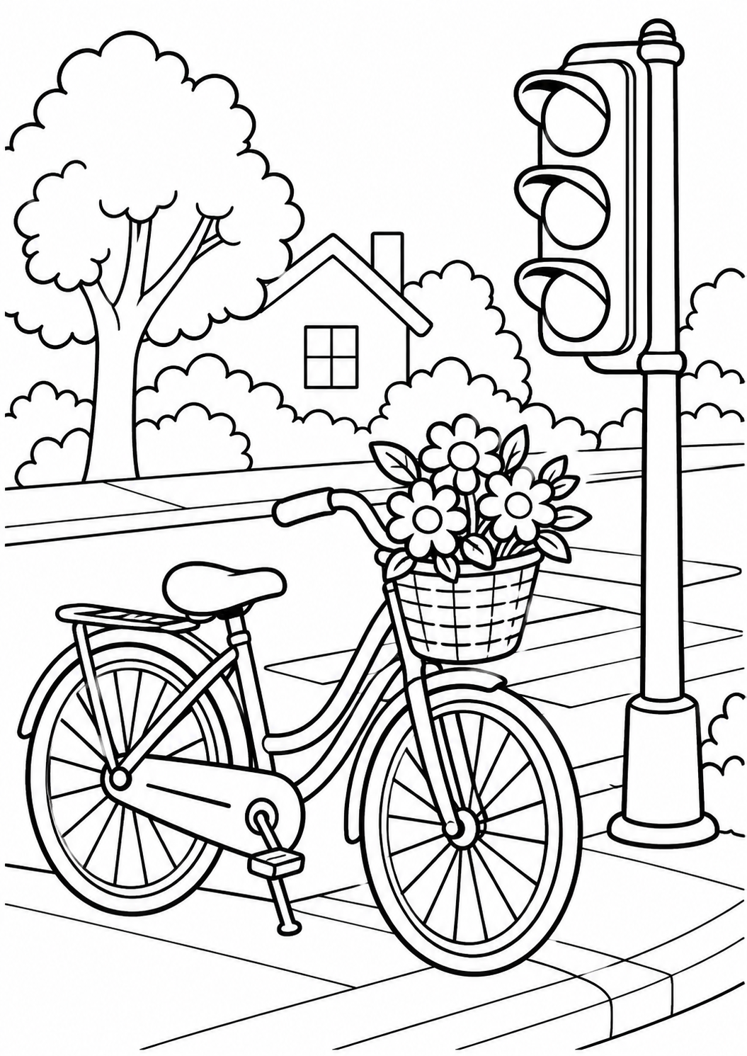 Semáforo e bicicleta com cesta de flores numa esquina tranquila, desenho para colorir em A4 retrato