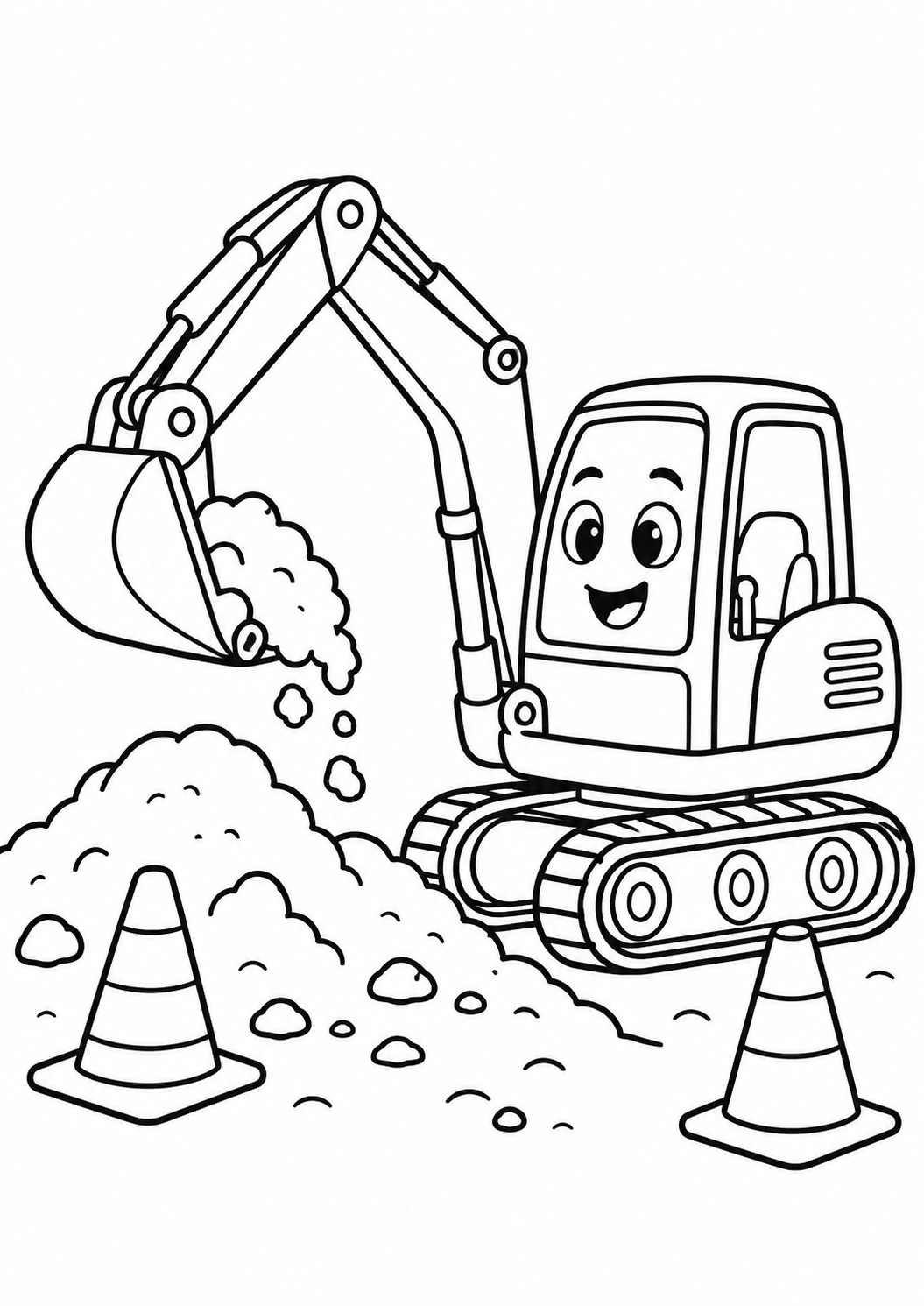 Escavadeira pequena retirando terra ao lado de cones, desenho para colorir em A4 retrato