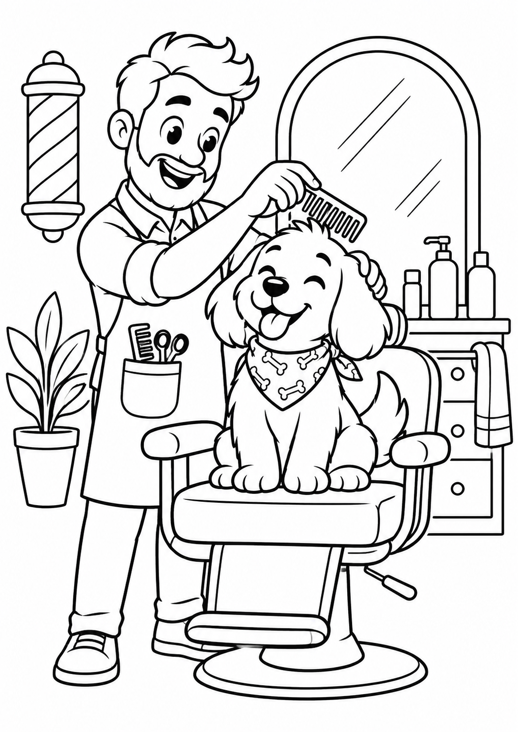 Barbeiro penteando um cachorro imaginativo numa barbearia, desenho para colorir em A4 retrato