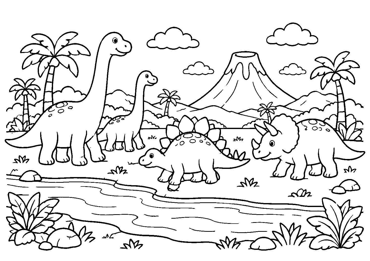 Dinossauros à beira do rio, desenho para colorir em A4 paisagem