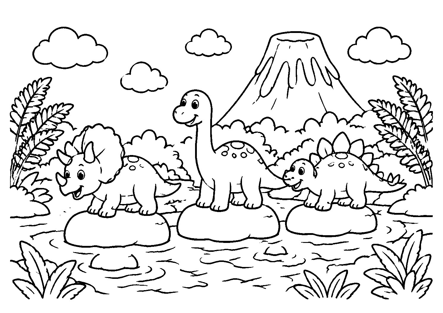 Dinossauros sobre pedras no rio, desenho para colorir em A4 paisagem