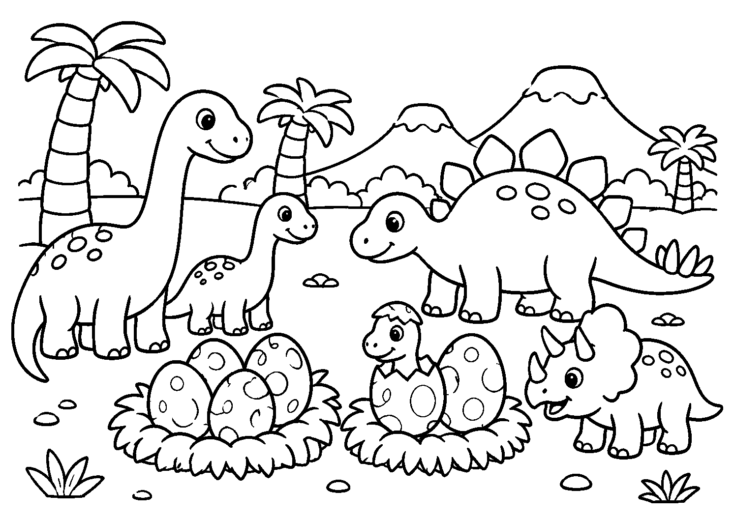 Dinossauros com ovos e filhotes, desenho para colorir em A4 paisagem