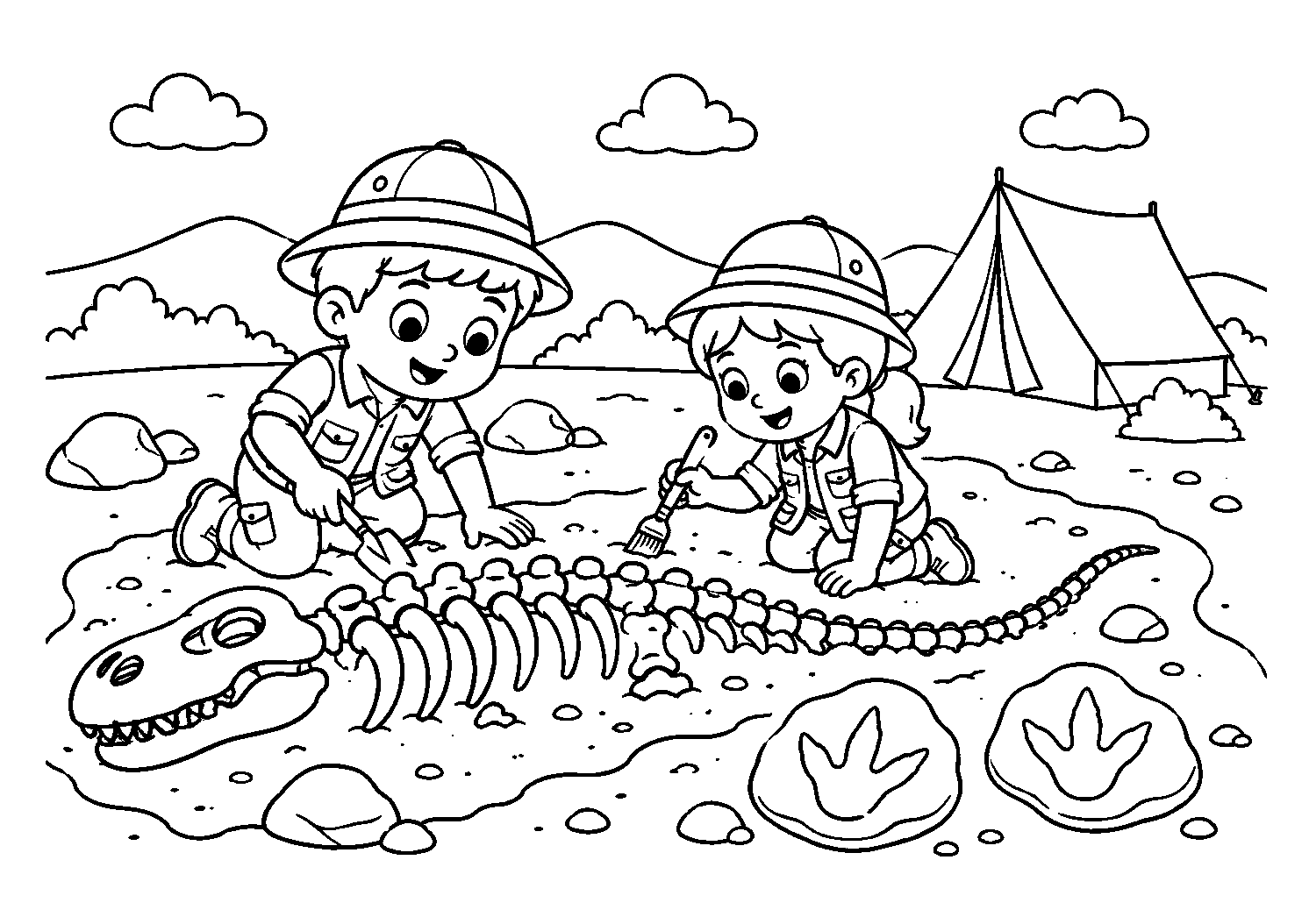 Crianças escavando um esqueleto de dinossauro, desenho para colorir em A4 paisagem