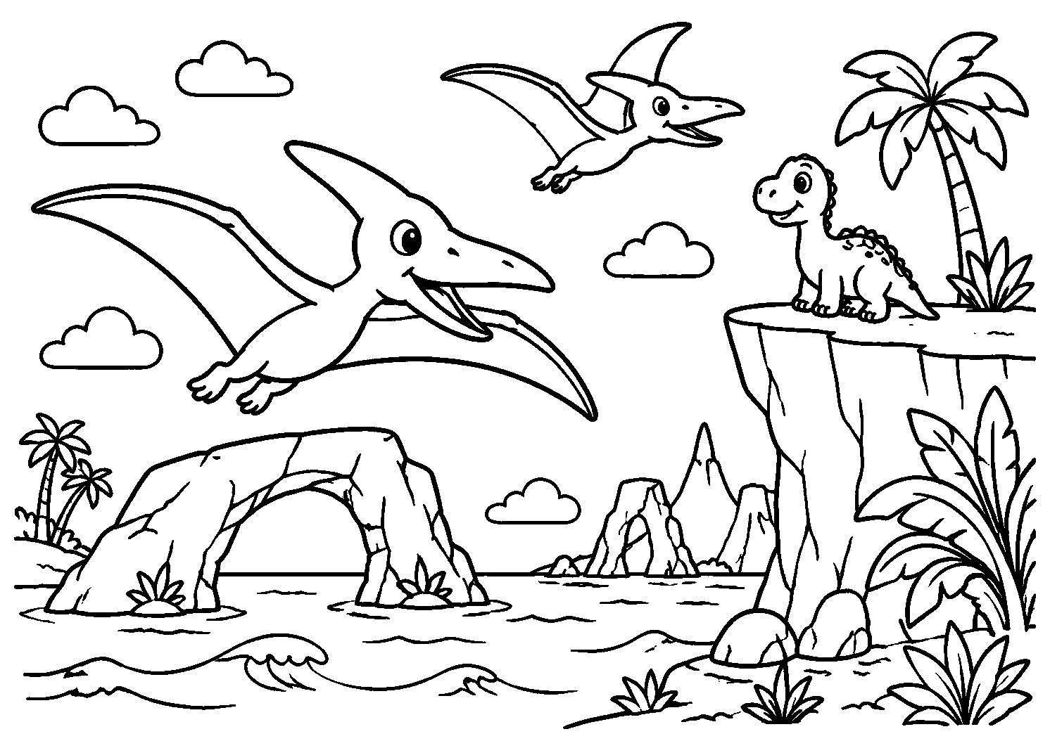 Pterossauros voando sobre o mar, desenho para colorir em A4 paisagem