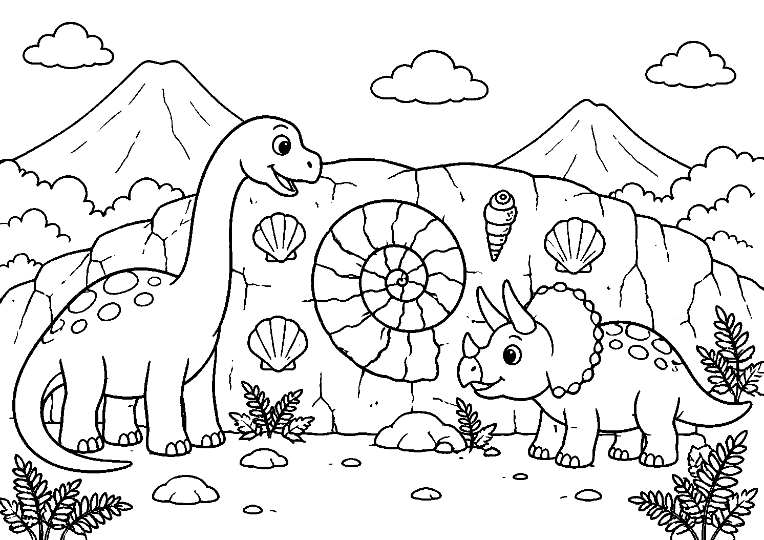 Dinossauros diante de fósseis na rocha, desenho para colorir em A4 paisagem