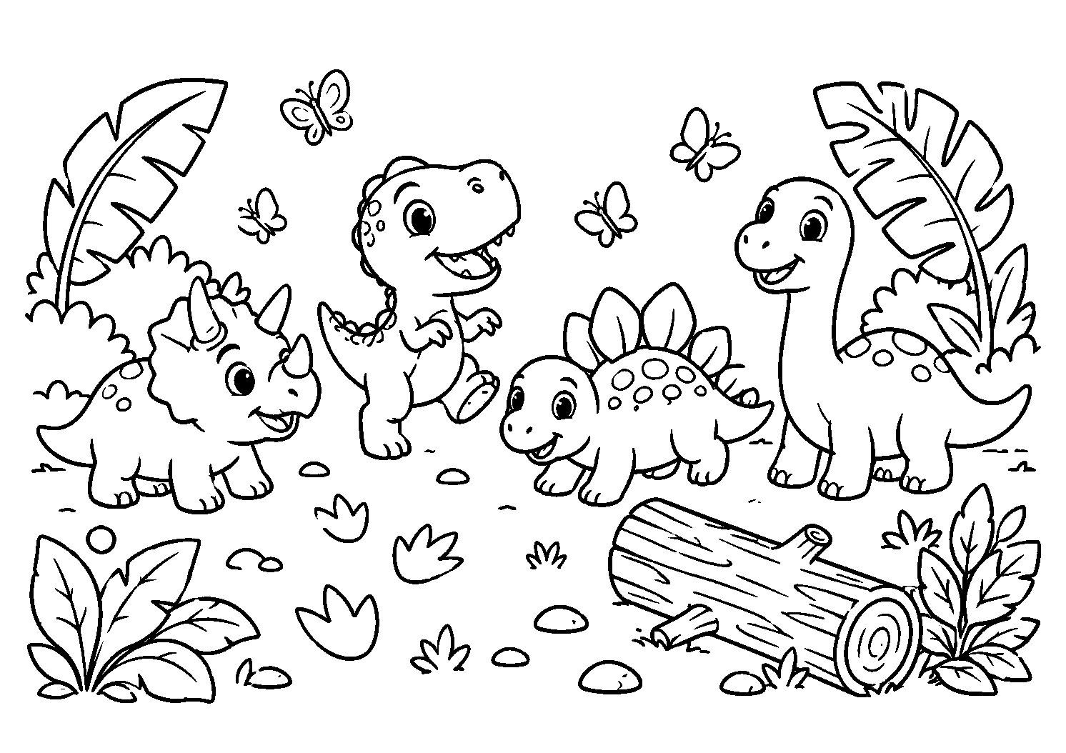 Dinossauros cercados de borboletas, desenho para colorir em A4 paisagem