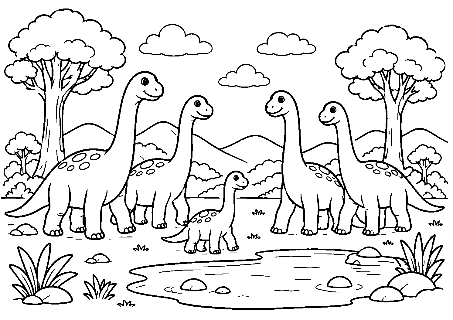 Dinossauros de pescoço comprido junto ao lago, desenho para colorir em A4 paisagem