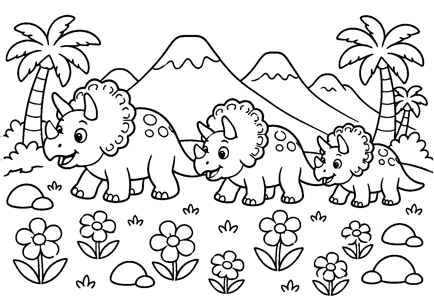 Três tricerátopos entre as flores, desenho para colorir em A4 paisagem