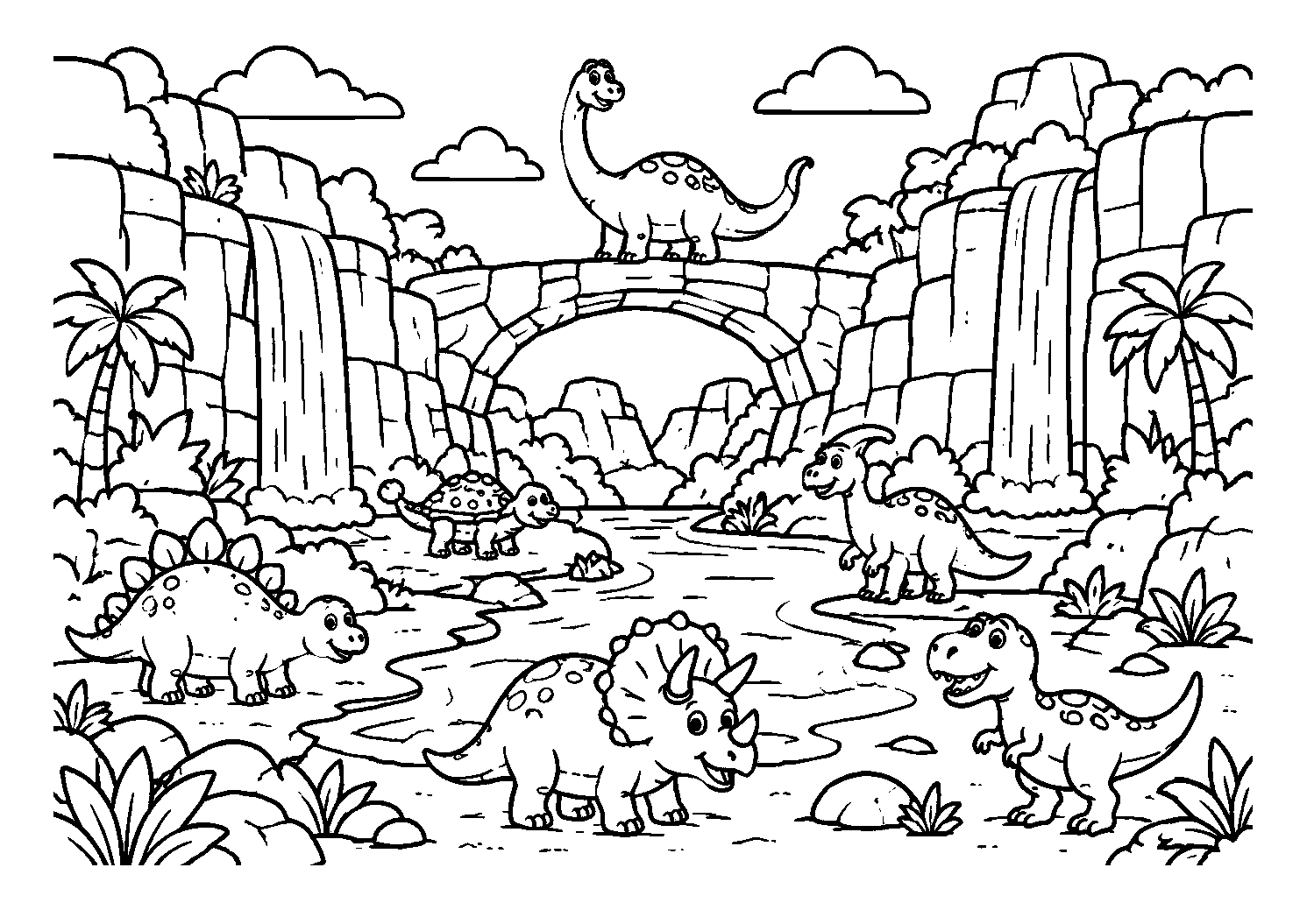 Dinossauros no vale com ponte e cachoeiras, desenho para colorir em A4 paisagem