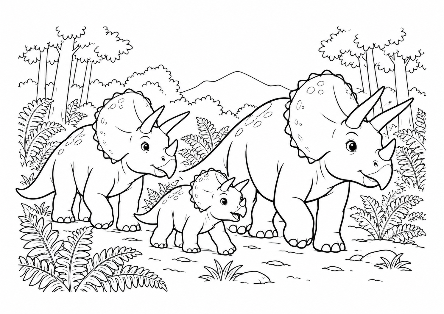 Família de tricerátopos caminhando por uma floresta de samambaias, desenho para colorir em A4 paisagem