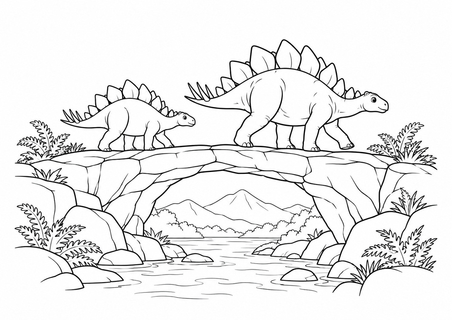 Dois estegossauros atravessando uma ponte natural de pedra, desenho para colorir em A4 paisagem