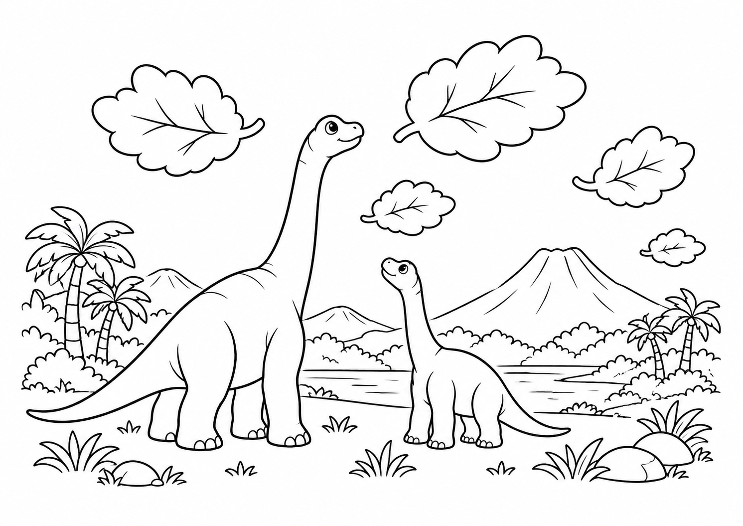 Braquiossauros olhando nuvens em forma de folhas, desenho para colorir em A4 paisagem