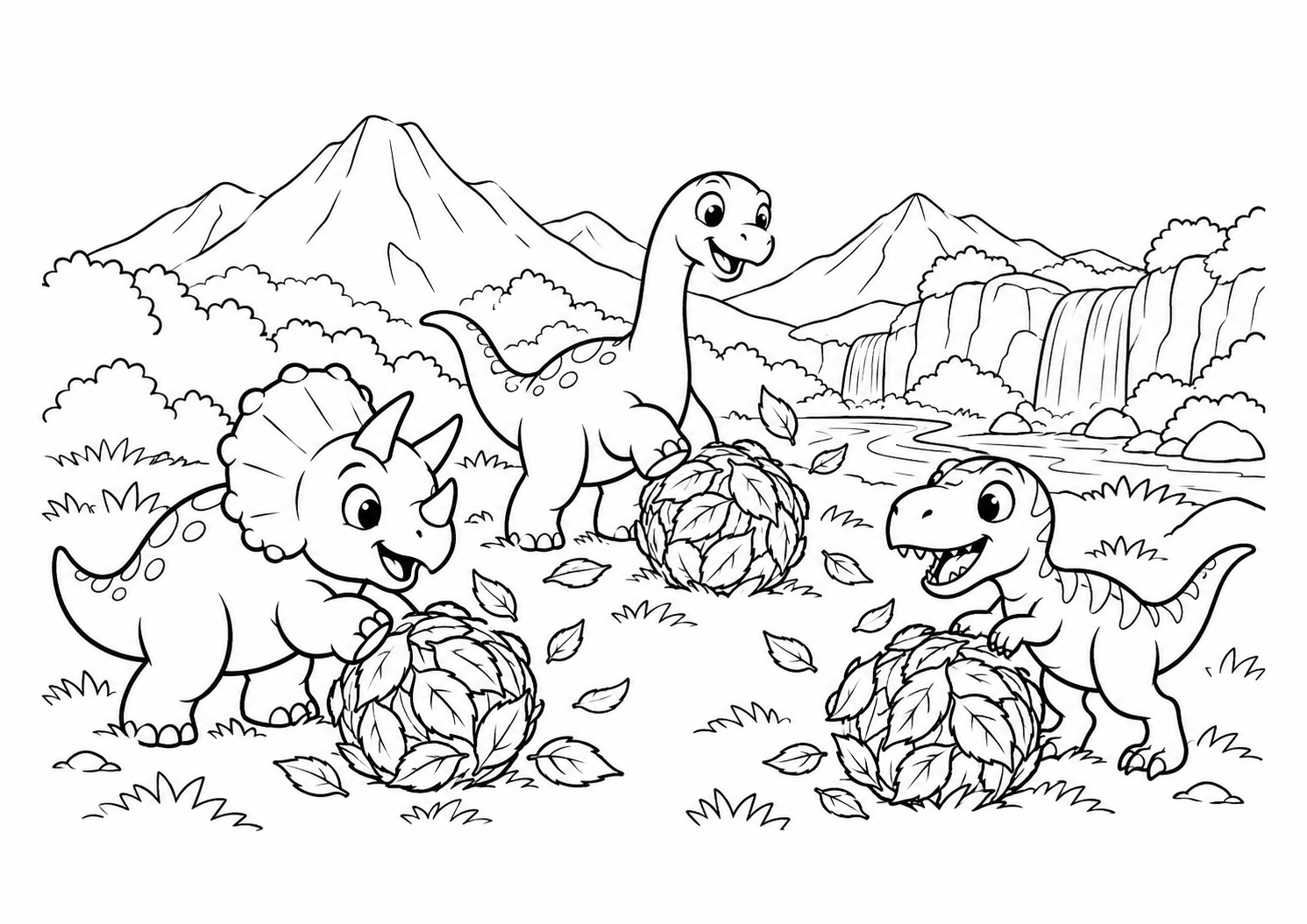 Dinossauros bebês brincando com bolas de folhas num vale, desenho para colorir em A4 paisagem