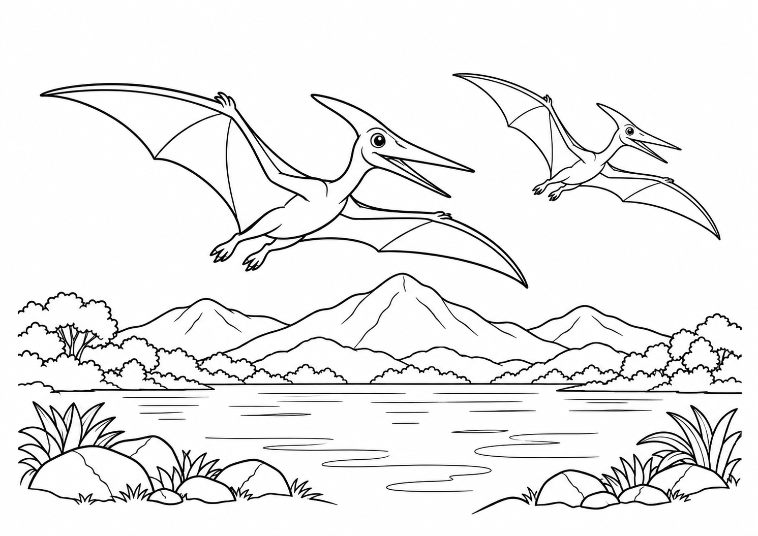 Pterossauros voando acima de um lago com montanhas suaves, desenho para colorir em A4 paisagem