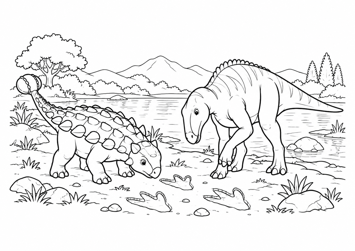 Anquilossauro e iguanodonte procurando pegadas perto de um lago, desenho para colorir em A4 paisagem