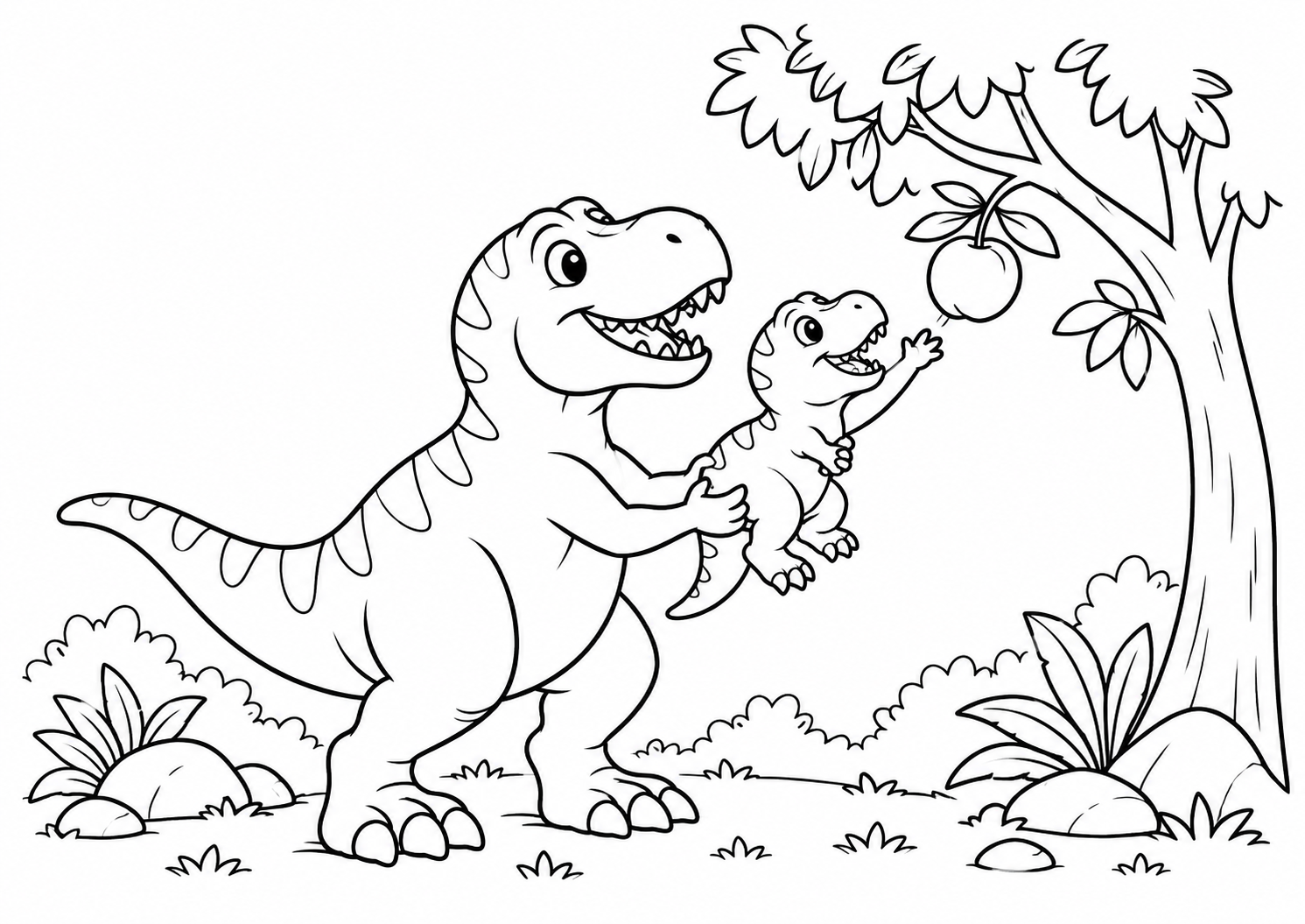 Tiranossauro gentil ajudando um filhote a alcançar uma fruta, desenho para colorir em A4 paisagem