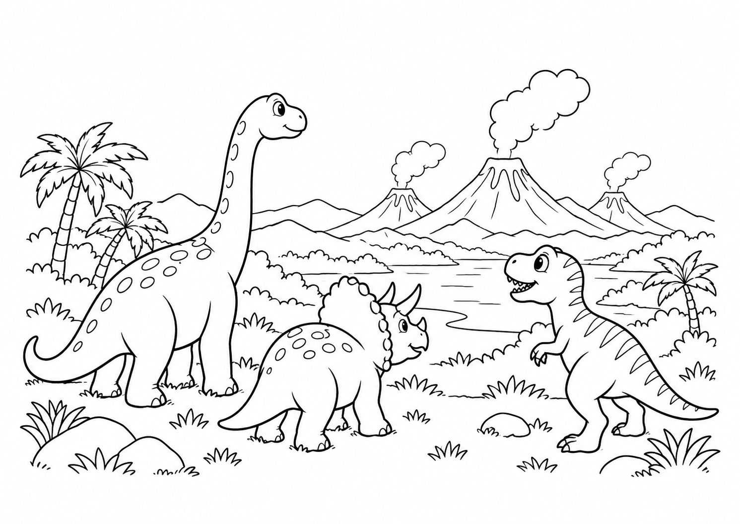 Três dinossauros observando pequenos vulcões distantes sem perigo, desenho para colorir em A4 paisagem