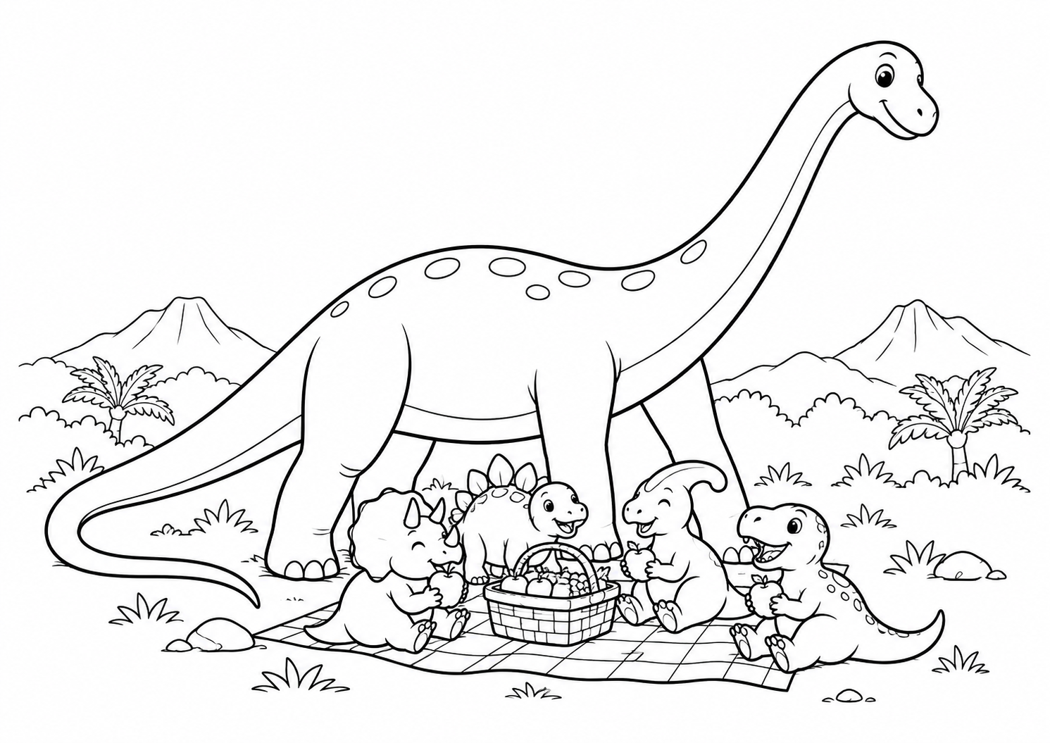 Diplodoco fazendo sombra para um piquenique de dinossauros bebês, desenho para colorir em A4 paisagem