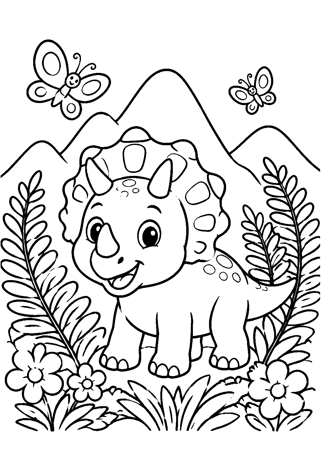 Tricerátopo entre flores e borboletas, desenho para colorir em A4 retrato
