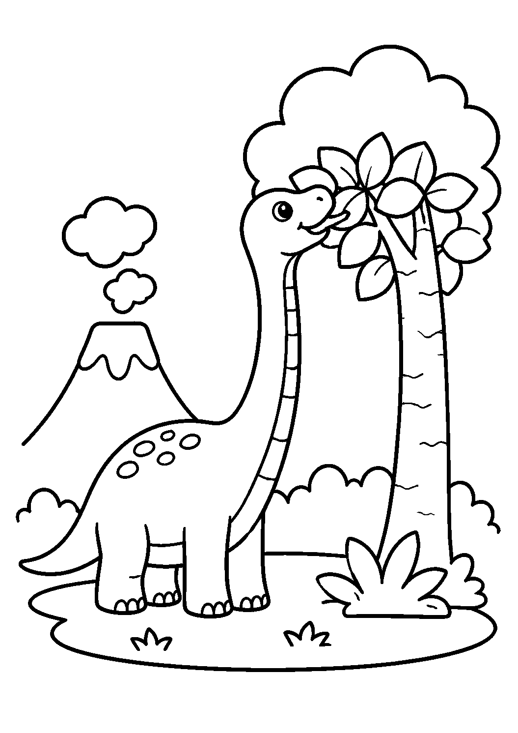 Dinossauro de pescoço comprido comendo folhas, desenho para colorir em A4 retrato