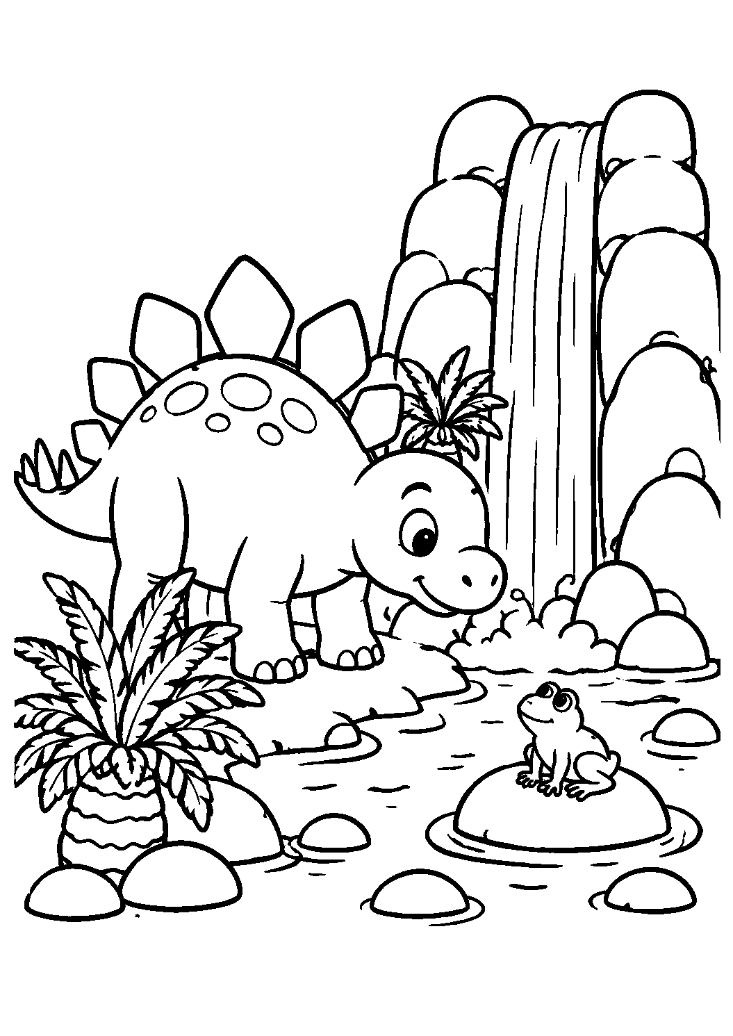 Estegossauro e sapo junto à cachoeira, desenho para colorir em A4 retrato