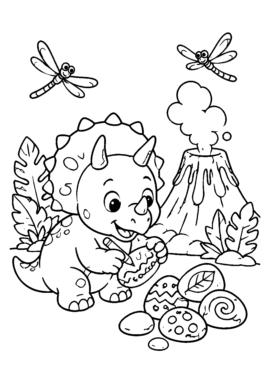 Tricerátopo junto ao vulcão, desenho para colorir em A4 retrato